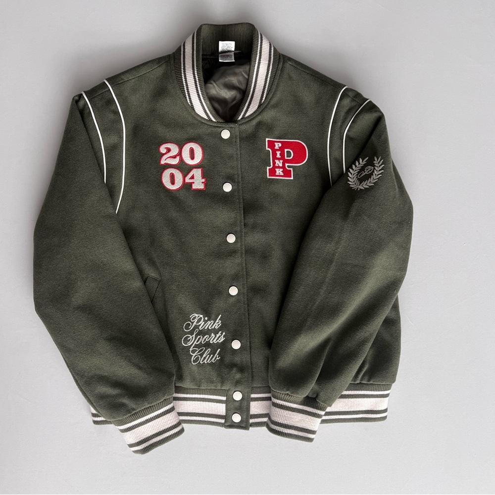 Victoria's Secret Pink Varsity Jacket Snap Closure Color Green